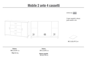 Mobile 2 Ante 4 Cassetti 136x86x41 cm Rovere Naturale/Bianco Fiammato