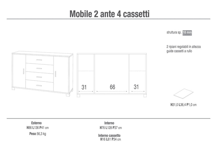 Mobile 2 Ante 4 Cassetti 136x86x41 cm Rovere Naturale/Bianco Fiammato