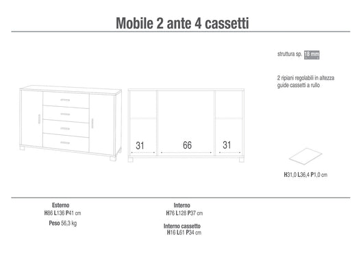 Mobile 2 Ante 4 Cassetti 136x86x41 cm Cemento/Ossido Bianco