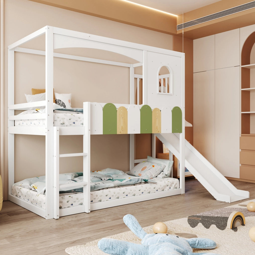 Letto a Castello Letto Singolo 90x200 cm con Rampa; Scala; Finestre; in Legno; Bianco