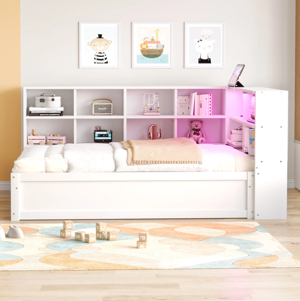 Letto singolo multifunzione 90 x 200 cm con vano contenitore idraulico; LED e prese integrate; bianco