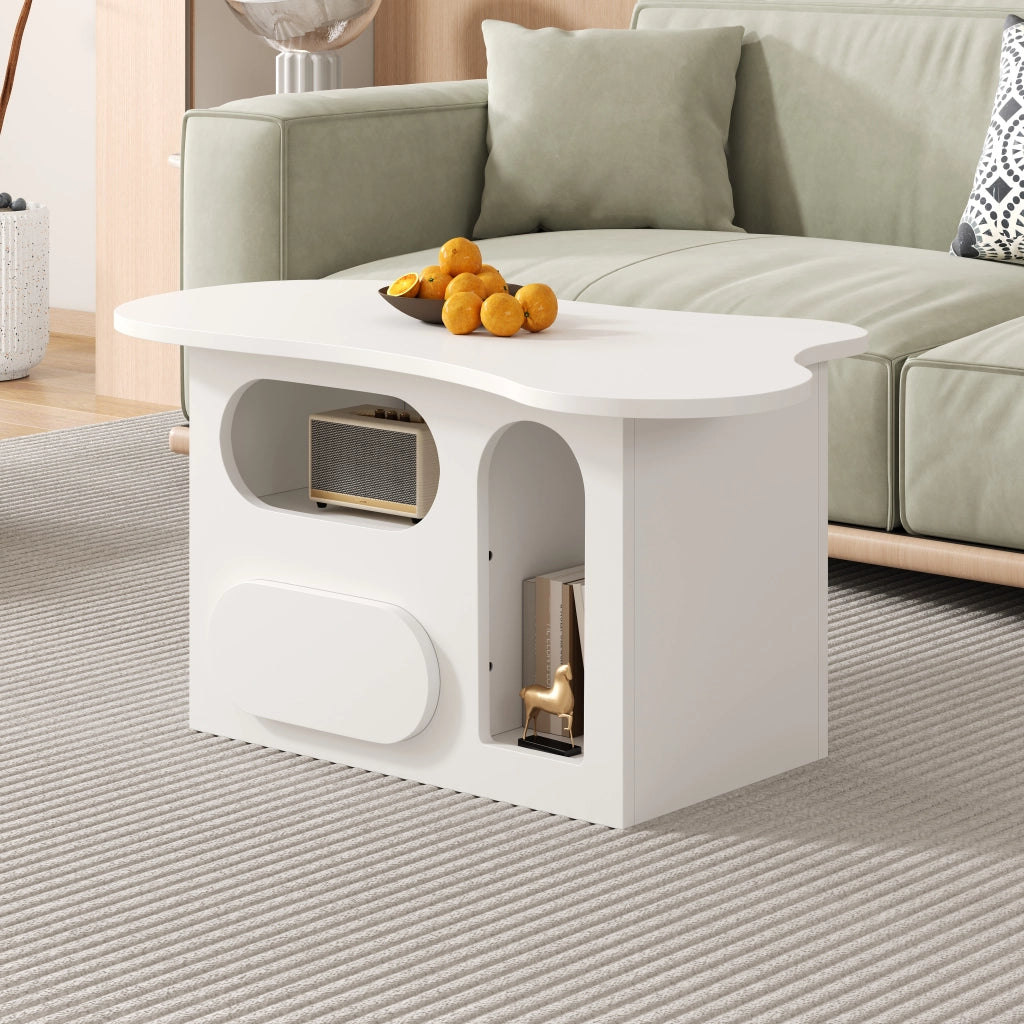 Tavolino da caffè 97x45x43;5 cm; forma a nuvola con cassetti e vani aperti; truciolare bianco