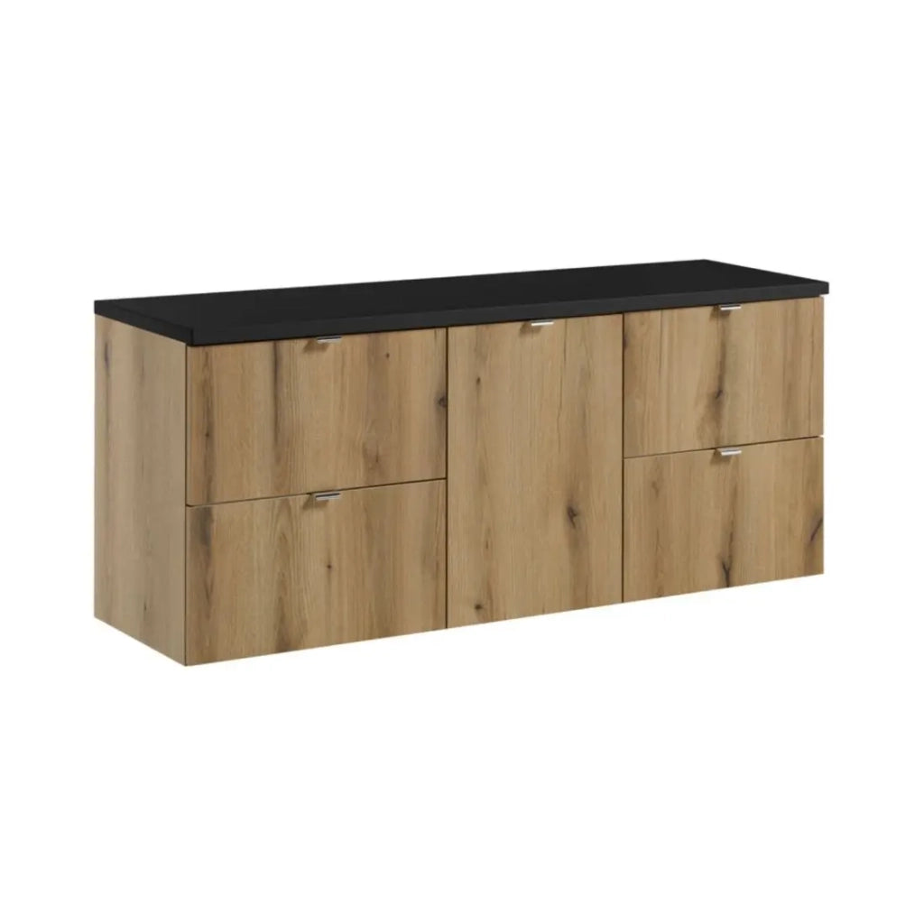 Set bagno VANO effetto quercia e nero 140cm: mobiletto sottolavabo con cassetti e cesto per la biancheria + piano per lavabo