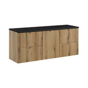 Set bagno VANO effetto quercia e nero 140cm: mobiletto sottolavabo con cassetti e cesto per la biancheria + piano per lavabo