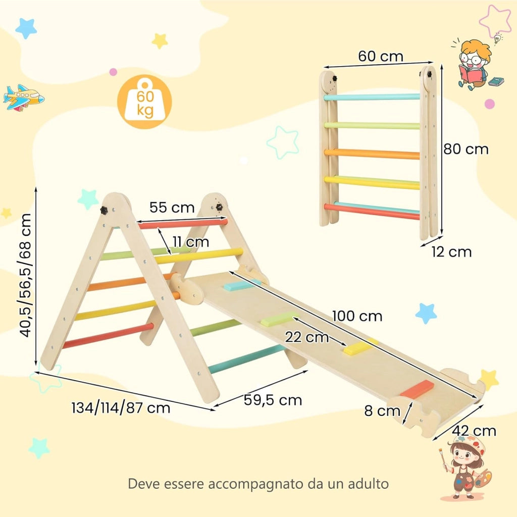 3 in 1 Set da Arrampicata per Bambini, Giocattoli da Arrampicata Triangolari Pieghevoli, Altezza Regolabili, con Scivolo/Rampe da Arrampicata, Carico 60 kg (Colorato)
