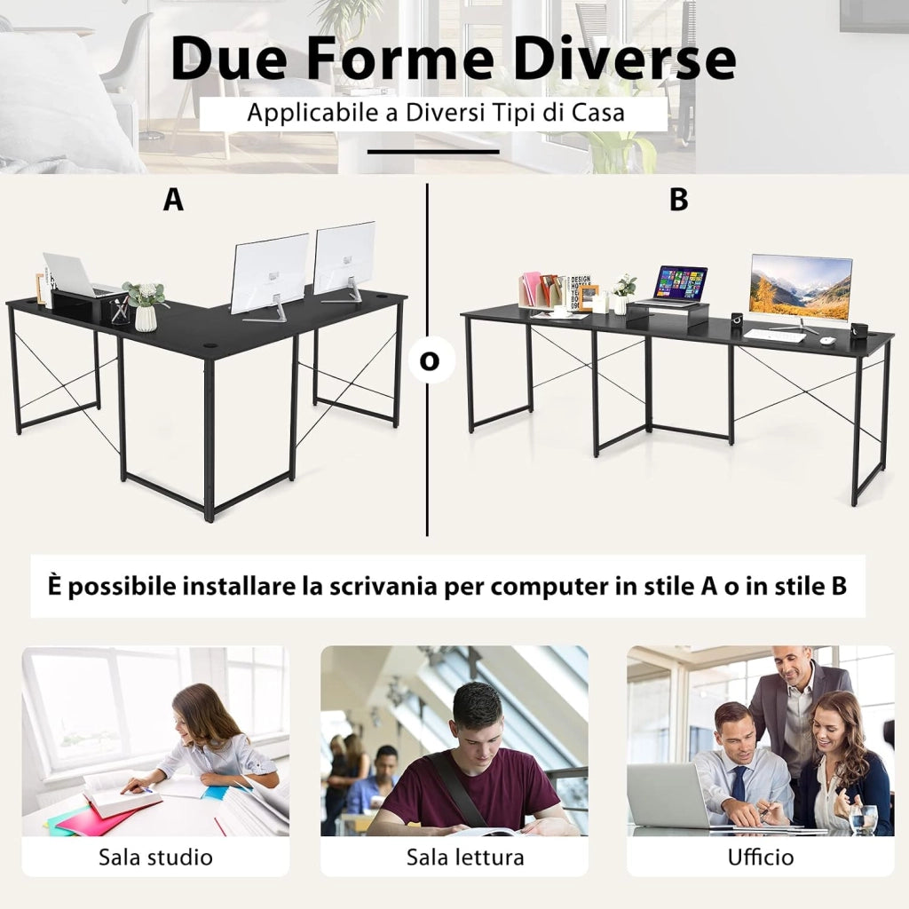 Scrivania Angolare per Computer con Supporto per Monitor, Scrivania Porta PC in Legno, Scrivania Salvaspazio e Moderna per Ufficio e Studio, 240 x 60 x 74 cm (Nero)