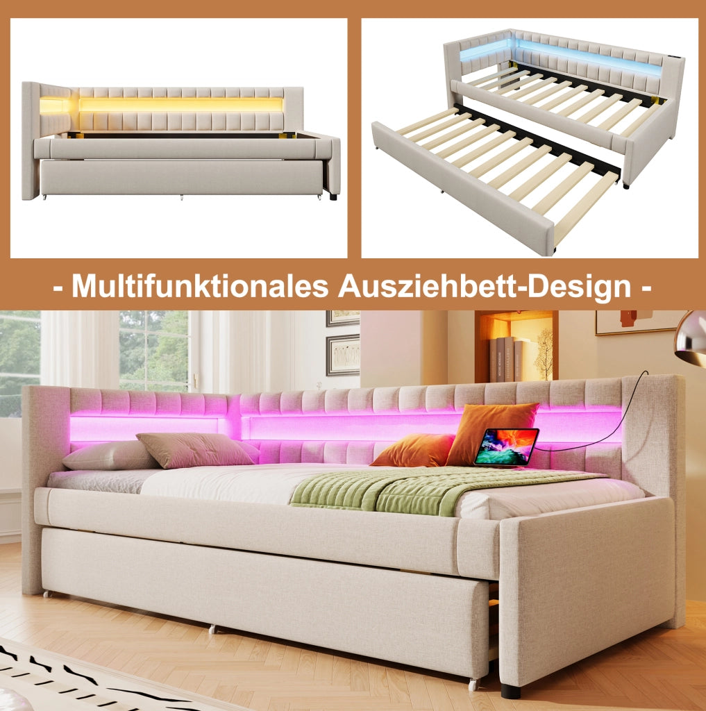Letto da giorno beige 90x200 cm con letto estraibile, LED e USB-C