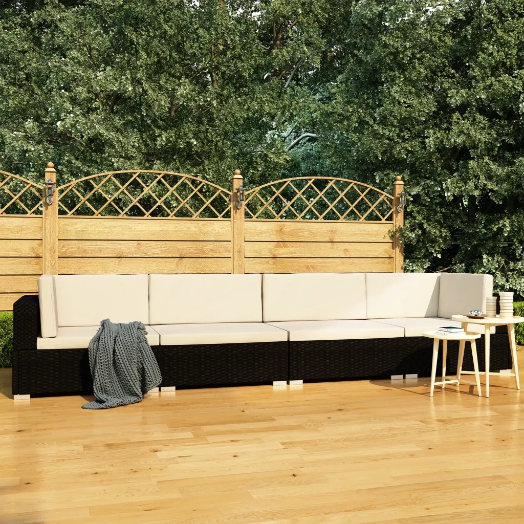 Set Divani da Giardino 4 pz | Set Salotto da Giardino con Cuscini in Polyrattan Nero