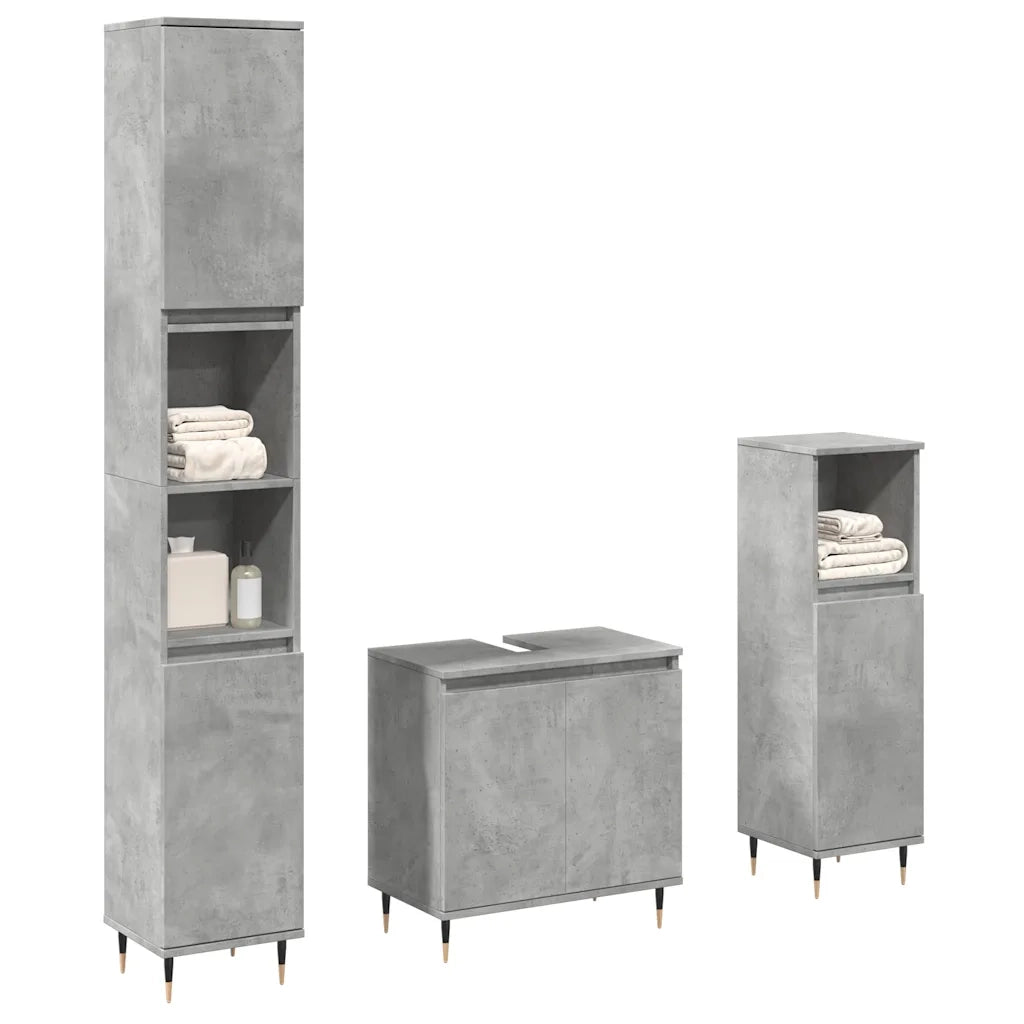 Set Mobili da Bagno | Armadio da bagno 3 pz Grigio Cemento in Legno Multistrato