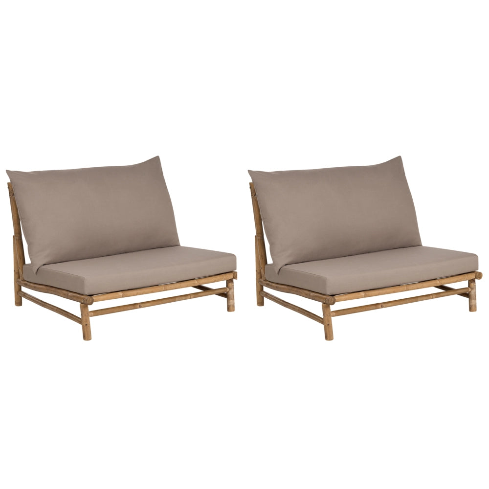 Set di 2 sedie in legno da giardino in bambù con cuscini color tortora interno ed esterno stile moderno rustico
