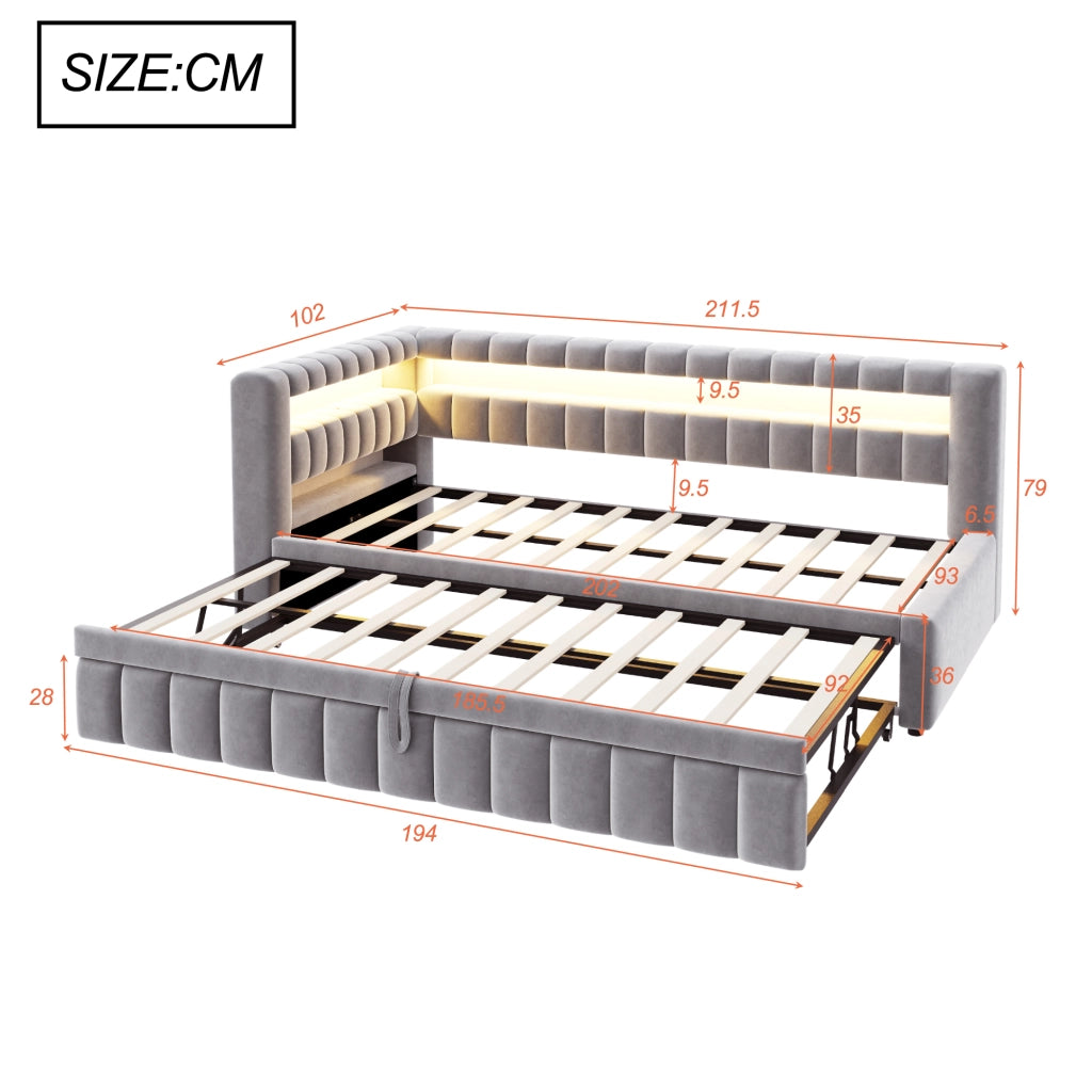 Letto imbottito trasformabile 90x200 cm con letto estraibile, LED, porte USB e C, velluto grigio chiaro