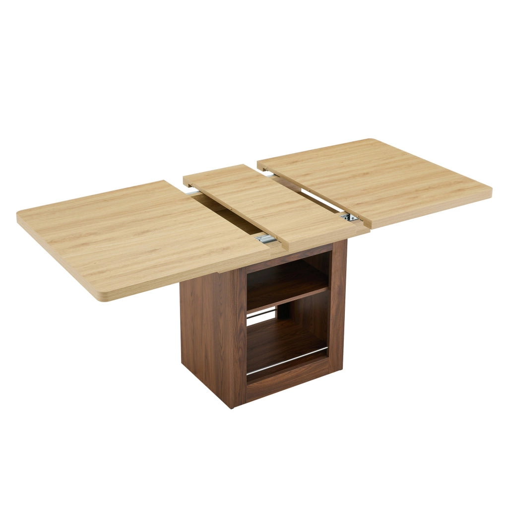 Tavolo allungabile 130x80x160x80 cm con 2 ripiani integrati; MDF naturale e noce