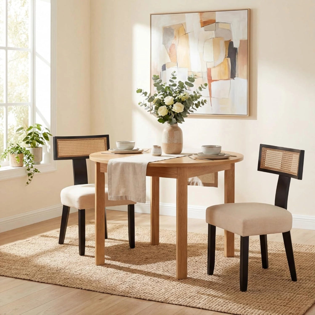 Sedia da Pranzo Imbottita, Sedia da Cucina con Sedile in Tessuto Lino e Schienale Curvo in Rattan, Portata 180 kg, Sgabello Moderno per Soggiorno e Sala da Pranzo, 56x55,5x92,5 cm (Nero)