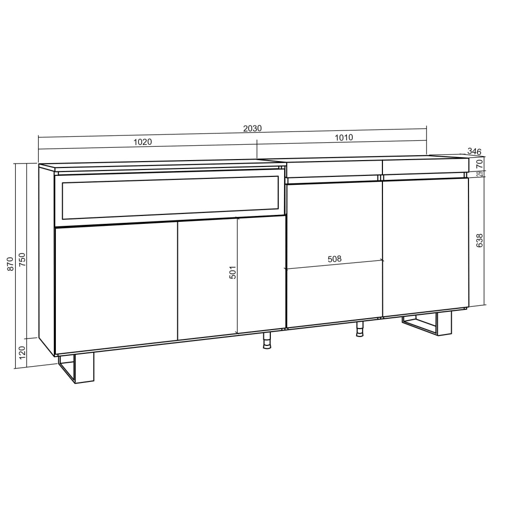 Credenza, Mobile, 200x35x87cm, 4 Porte, Camino elettrico, Design industriale, grigio cemento RF2370