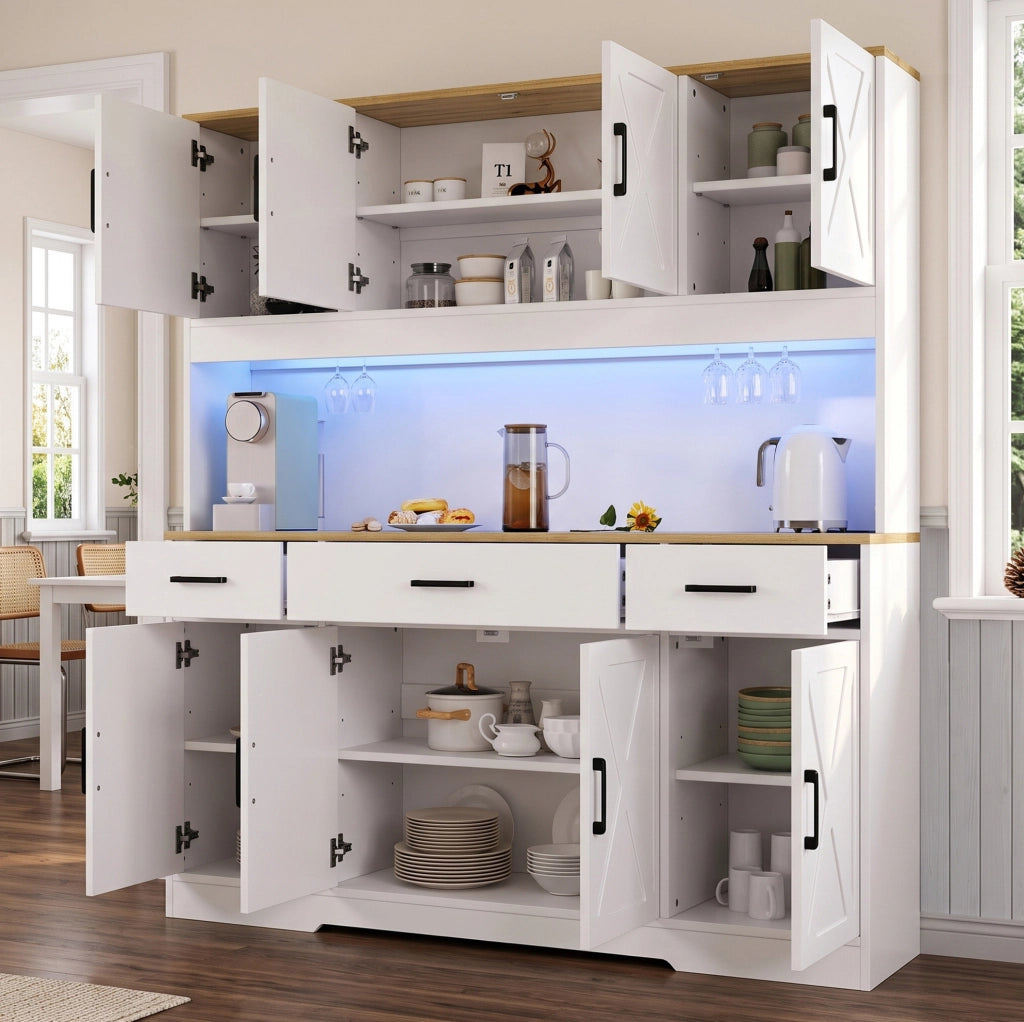 Credenza buffet 150x40x180 cm con LED; prese USB e ripiani regolabili; bianco