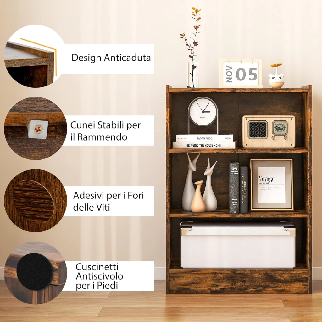 Libreria a 3 Piani, Scaffale Multifunzionale con Ripiani Regolabili e Dispositivo Antiribaltamento, per Soggiorno, Camera da Letto, Studio, 50 x 30 x 75 cm, Marrone