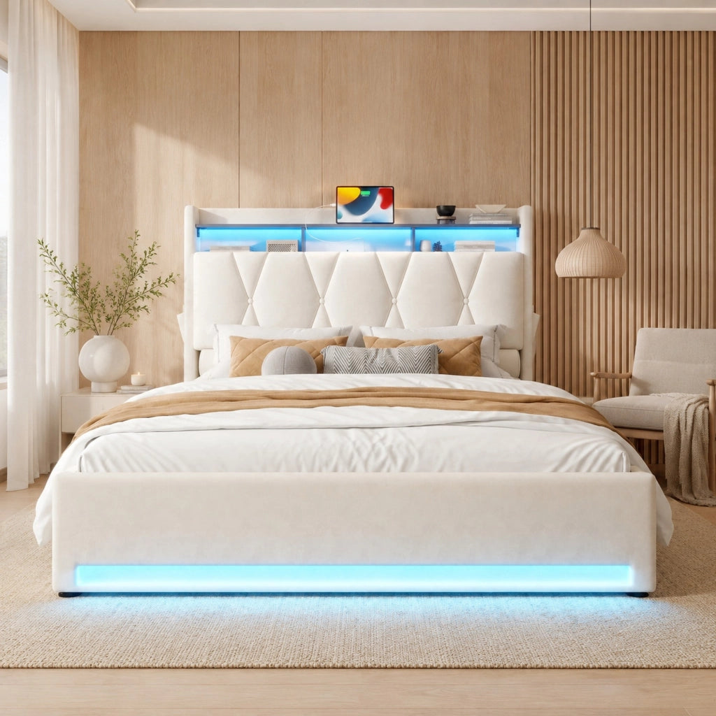 LETTO Contenitore 140x200 cm in velluto beige con LED e USB-C