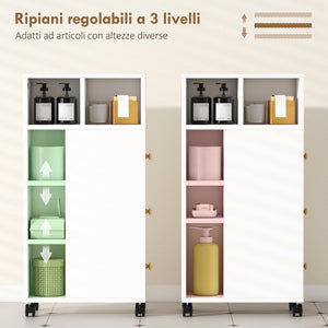 Mobiletto Bagno Salvaspazio 20x40x80 cm con Ruote 3 Cassetti e 5 Vani con Ripiani Regolabili Bianco