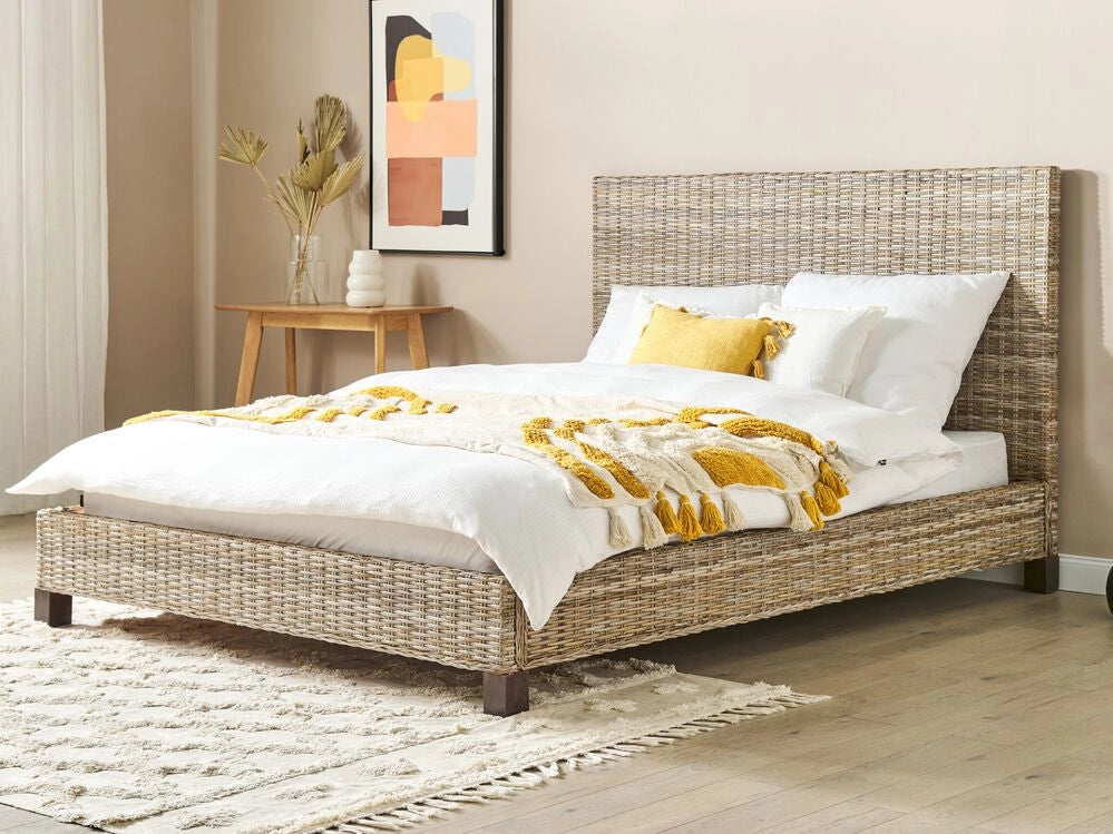 Letto a pannello Rattan naturale Legno di mogano UE Doppio 160 x 200 cm Rete a doghe Testata intrecciata Moderna Boho