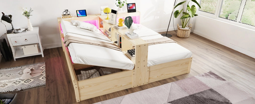 Letto divano 90/180 × 200 cm con prese integrate, contenitore, LED, senza materasso, in MDF, legno naturale