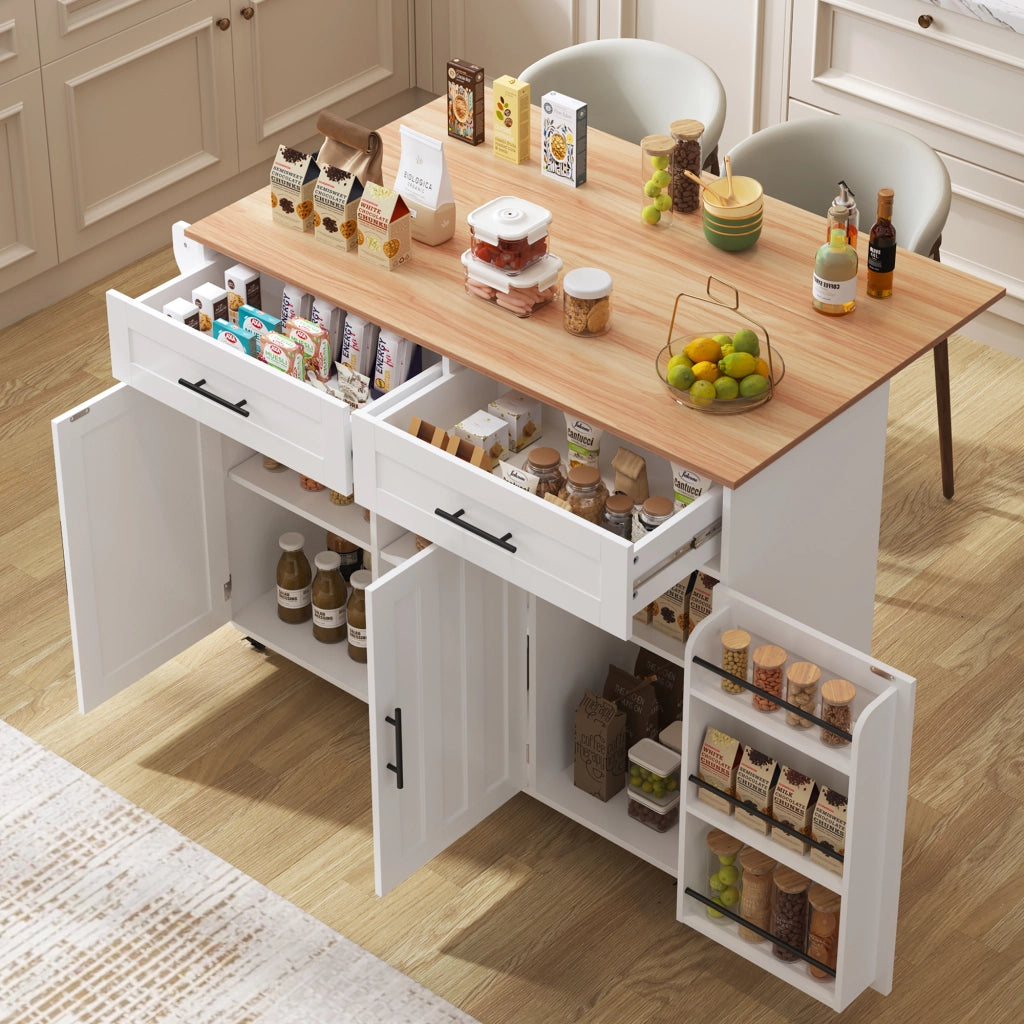 Carrello cucina multifunzionale con piano pieghevole, 129x71x91,5 cm, bianco