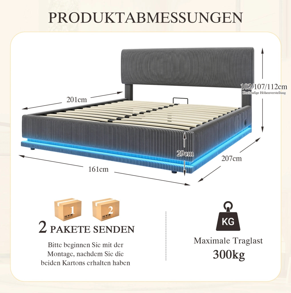 Letto imbottito 160x200 cm con LED, USB-C e contenitore