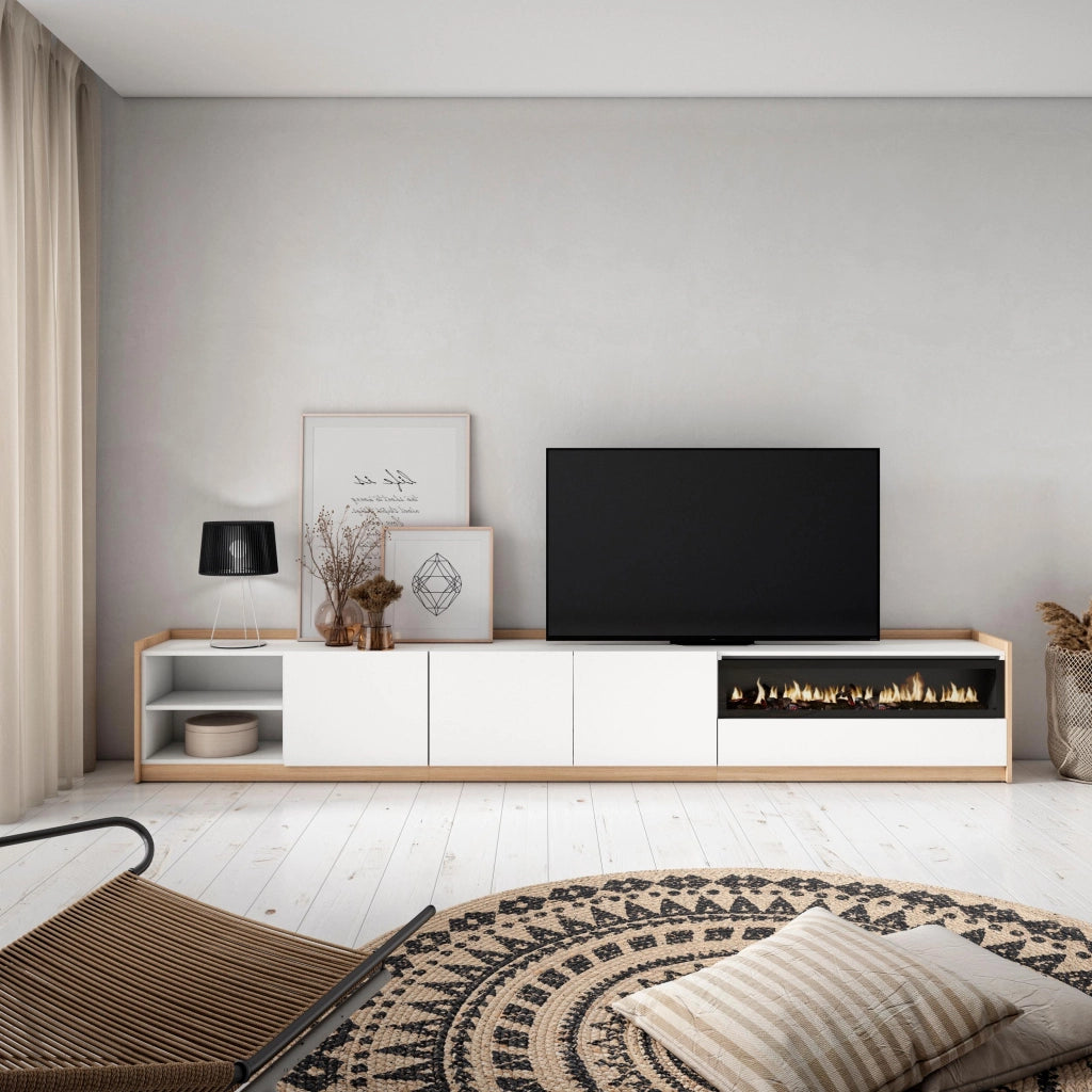 Mobile TV Soggiorno, 310x50x37 cm, Per TV fino a 80", Camino elettrico, Bianco e Rovere soft