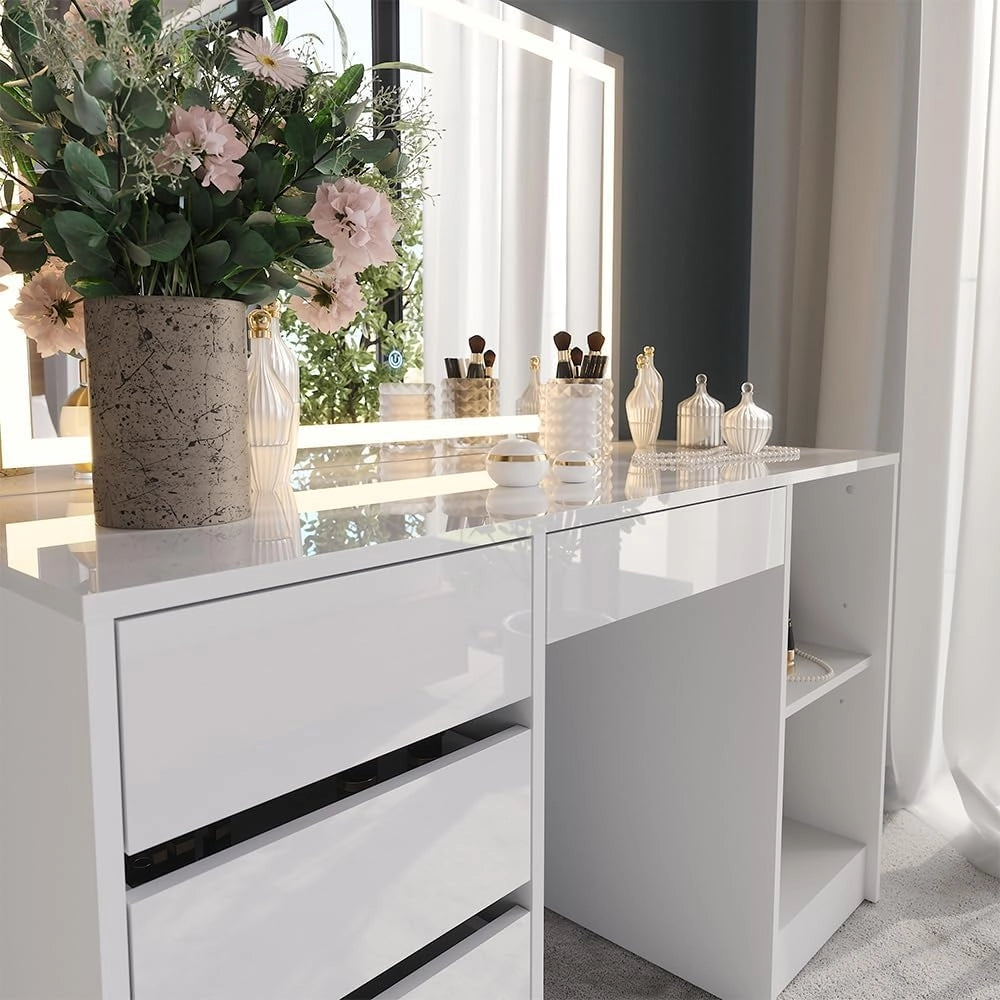 Tavolo da toeletta Sherry, Bianco/bianco lucido, 128.2 cm con specchio LED