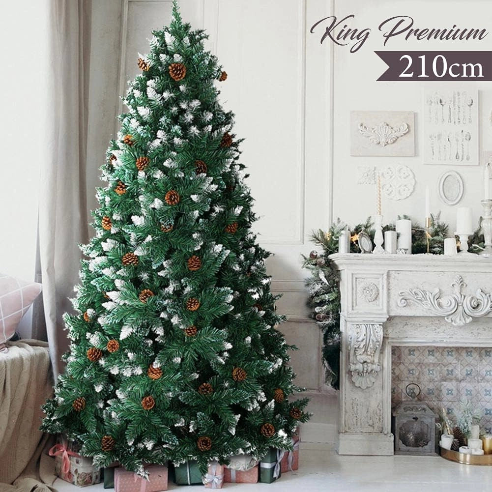 Albero di Natale Innevato 210cm Folto con Pigne 1178 Rami Base Legno Massello