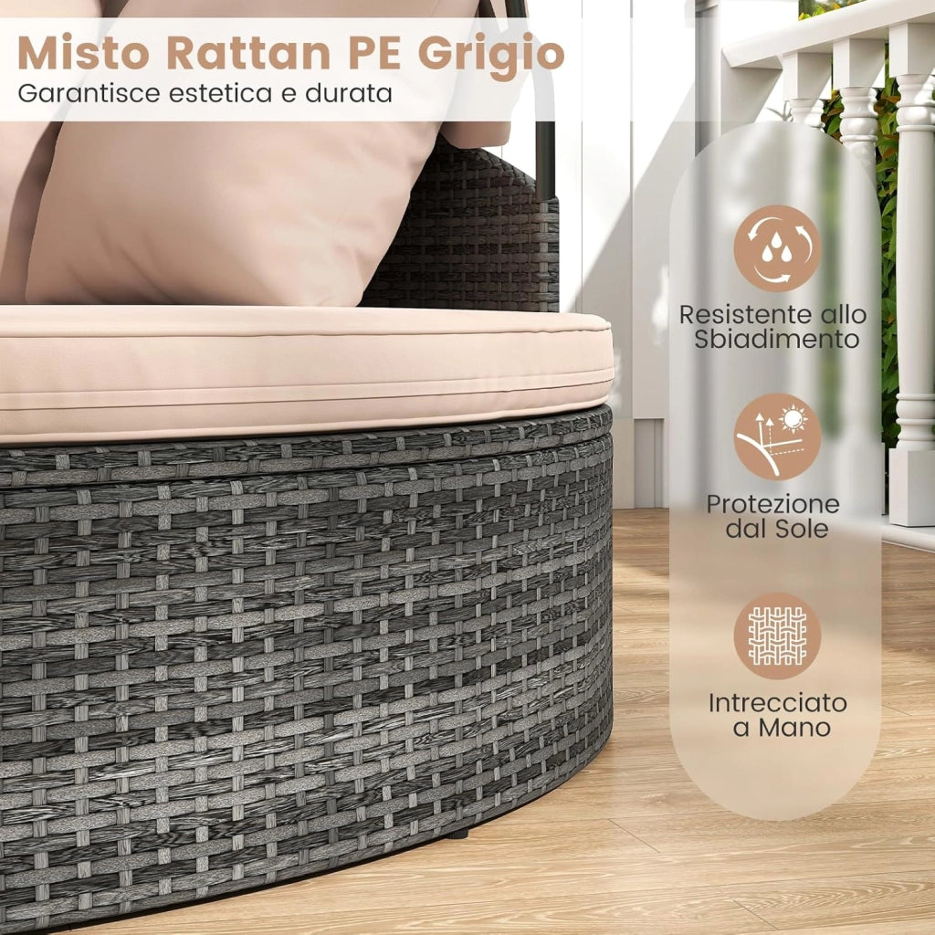 2 in 1 Isola Prendisole per 2 Persone da Giardino, Lettino Prendisole Rotondo in Rattan con Tettuccio Retrattile e Cuscini, Letto da Esterno per Relax e Festa, 172 x 180 x 141 cm (Beige)