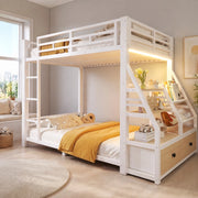 DESMIU Letto a castello 90 × 200 cm 2 posti con LED, ripiani e 2 cassetti in tessuto, senza materasso, bianco