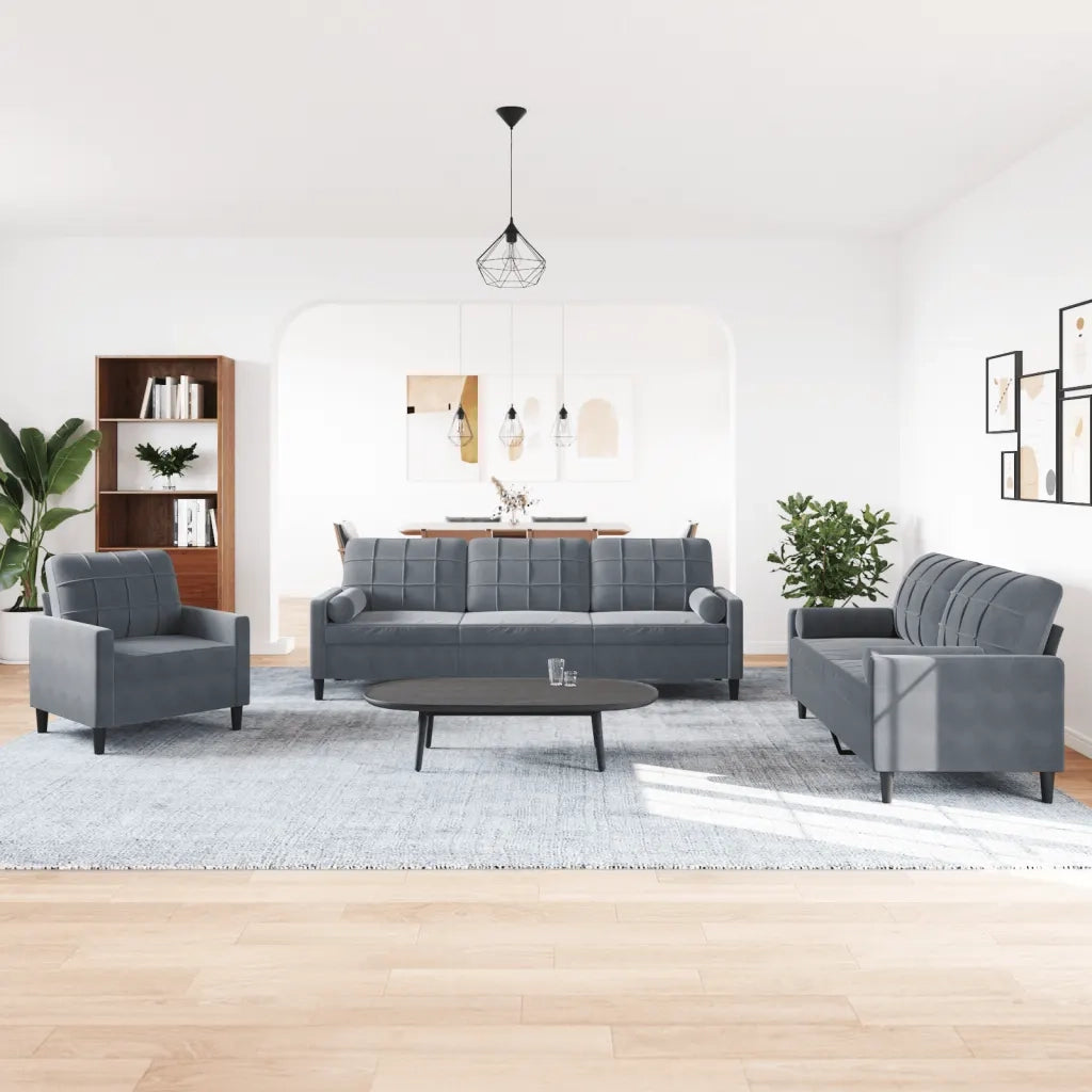 vidaXL Set di Divani 3 pz con Cuscini e Rinforzi Grigio Scuro Velluto