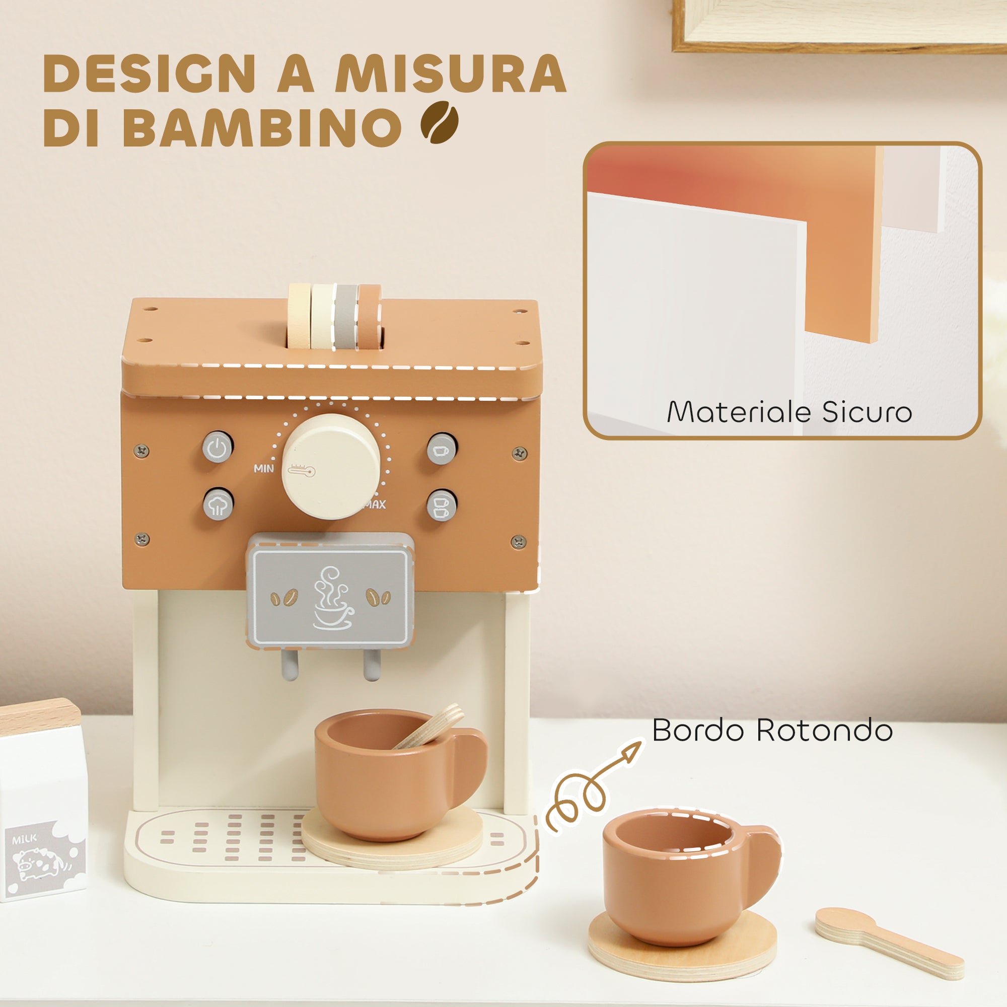 Macchina del Caffè Giocattolo per Bambini con Accessori in Legno Marrone