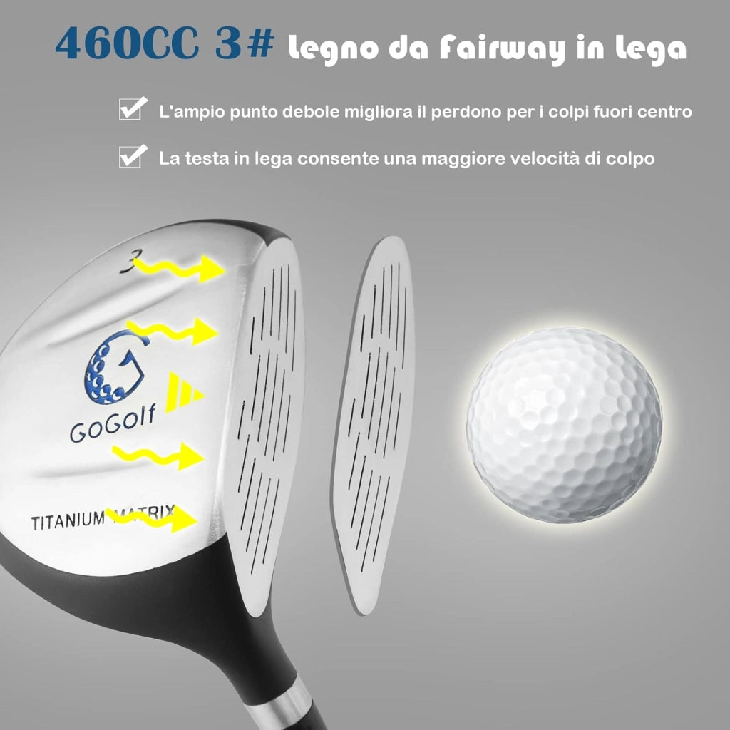 Set di Mazze da Golf per Bambini 8-10 Anni, con Legno da Fairway 3, Ferri 7 e 9, Putter, Coprimazze, Sacca da Golf, Perfetto per Bambini e Bambine
