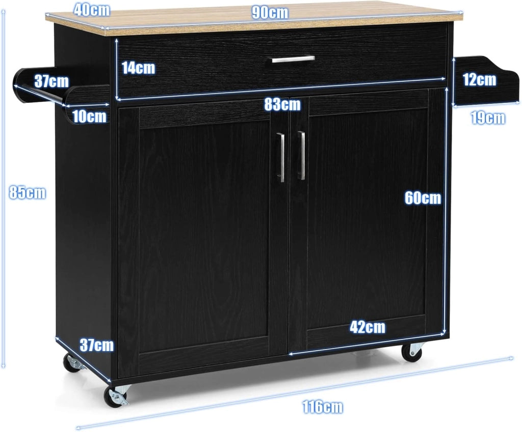 Carrello da Cucina con Ruote di Gomma, Scaffale per Microonde Carrello Servizio, Mobile Cucina con Ripiani e Ante, Credenza Cucina Legno Moderno Elegante, 116 x 37 x 85 cm (Nero)