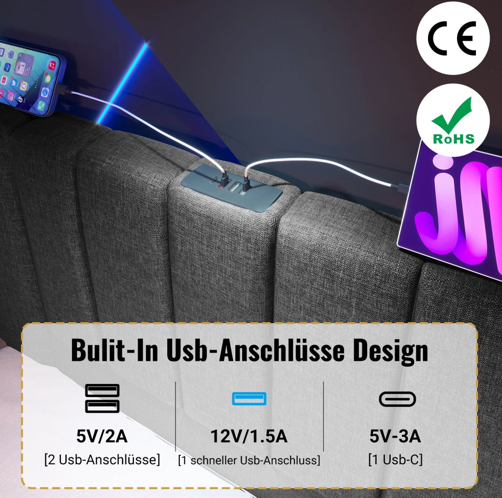 Letto matrimoniale contenitore 180x200 cm con LED, USB e USB-C