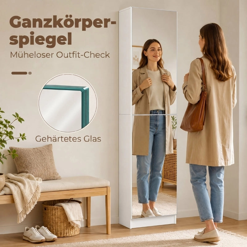 Scarpiera stretta con specchio, 5 ripiani e vano inferiore, chiusura ammortizzata per ingresso, 50 × 20 × 180 cm, bianco