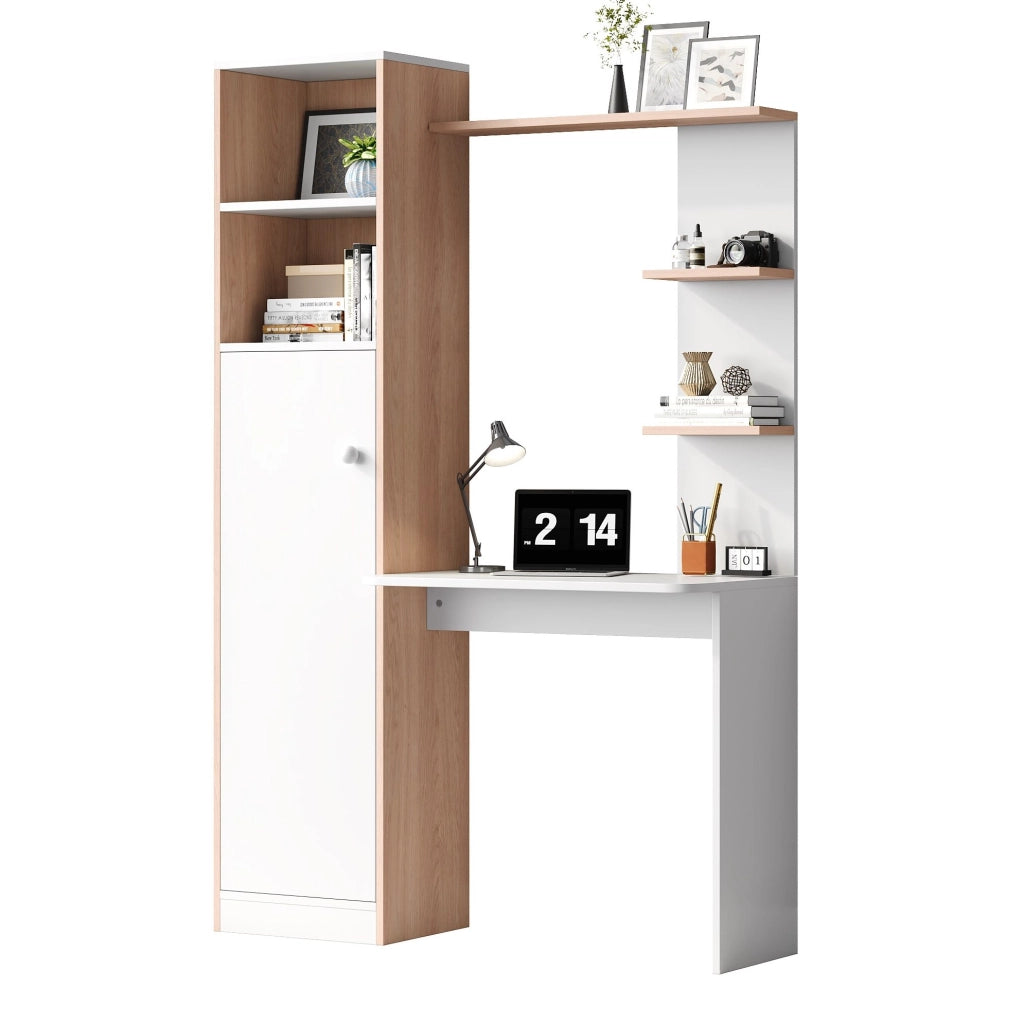 Scrivania 123.5x45x168.5 cm con armadio e 2 ripiani aperti; in MDF bianco e naturale