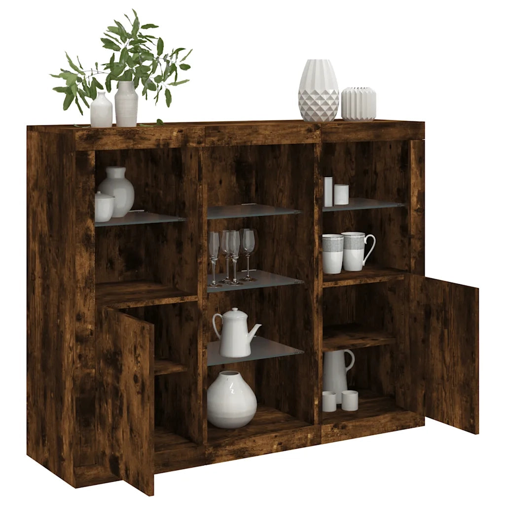 Credenze con Luci LED 3 pz | Madia | Buffet da pranzo | Armadio da pranzo Rovere Fumo in Legno Multistrato