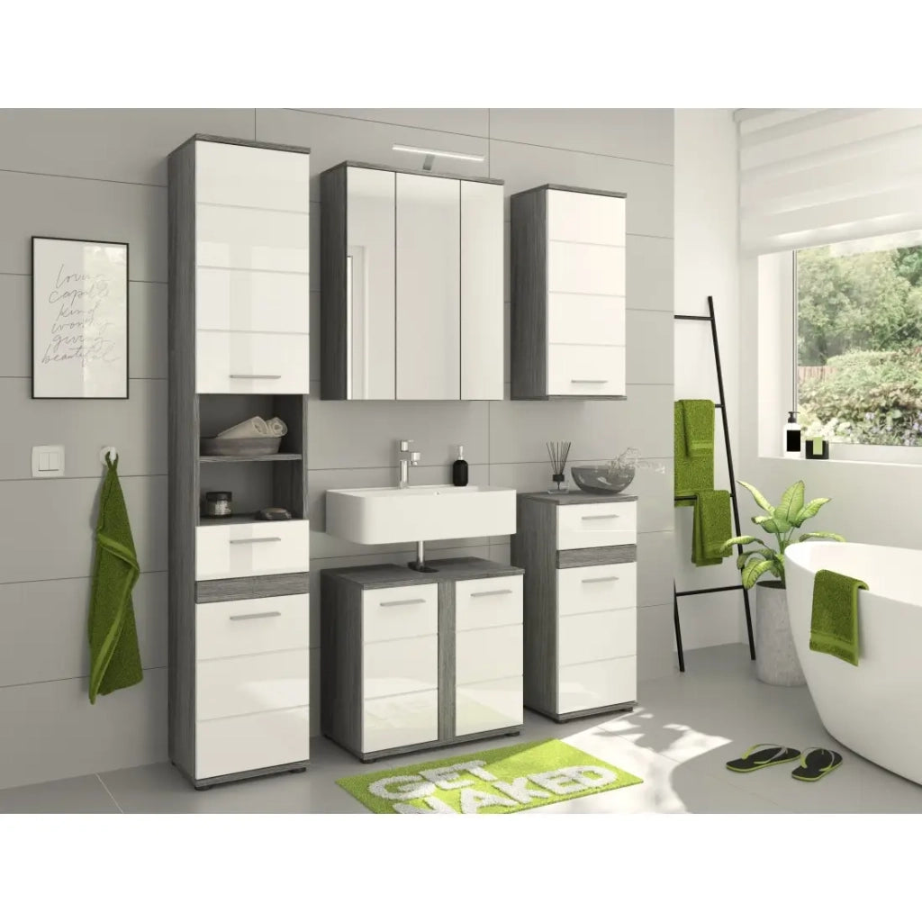Mobiletto da bagno - Collezione WILLIAM - 2 vani, 1 porta, 1 cassetto - Colori bianco e rovere cenere