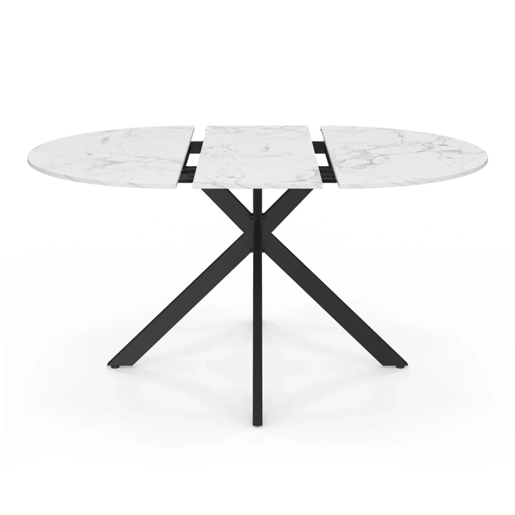 IDMarket - Tavolo da pranzo rotondo allungabile ALIX per 4-8 persone, con gambe a ragnatela nere e piano effetto marmo bianco ALASKA 110-15