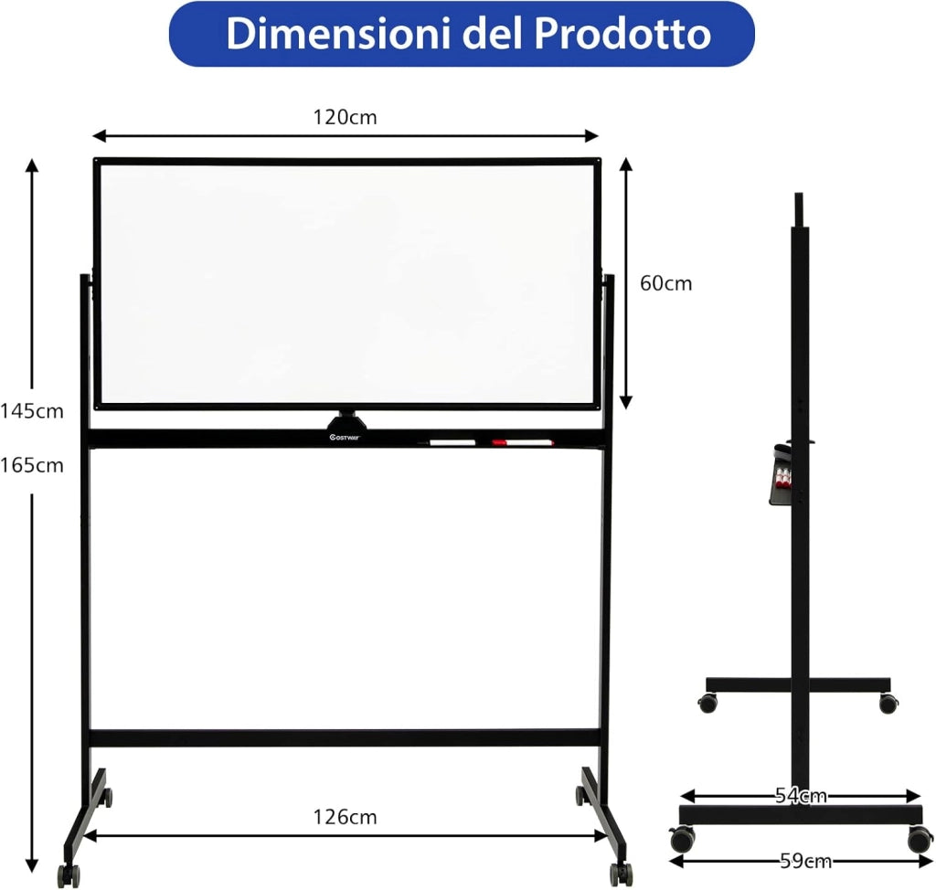 Lavagna Bianca Magnetica Doppia, Design Regolabile in Altezza con Ruote Bloccabili, 6 Pennarelli, 12 Calamite e 1 Cancellino, Ideale per Casa Ufficio e Scuola, 126 x 59 x 145/165 cm (Nero)
