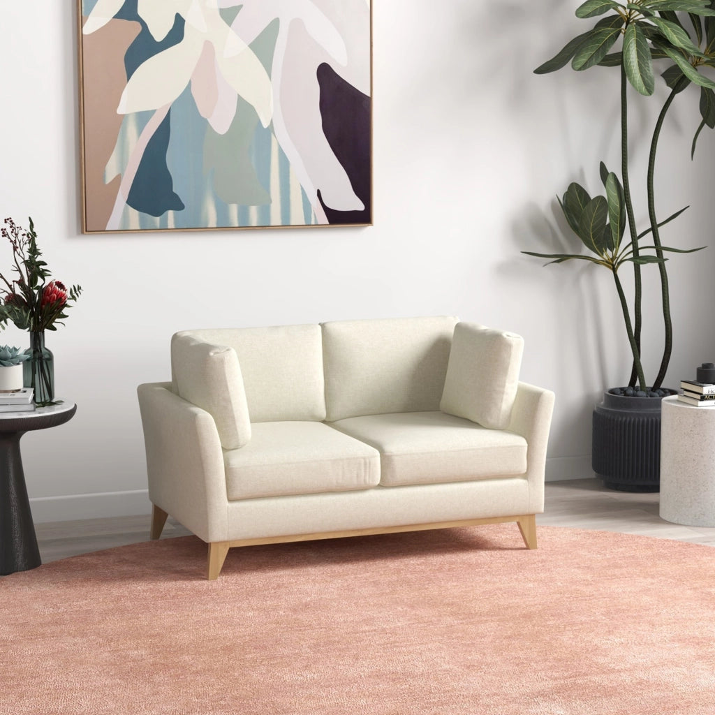 EasyComfort Divano da 2 Posti in Legno di Eucalipto e Tessuto Effetto Lino con 2 Cuscini, 137x78x78 cm, Beige