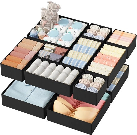 Sistema di organizzazione della carriera 12-delicato, organizzatore della carriera, cassetto pieghevole in tessuto, organizzatore per intimo, organizzatore della vestiaro per abiti, reggiseno, calze, calze.