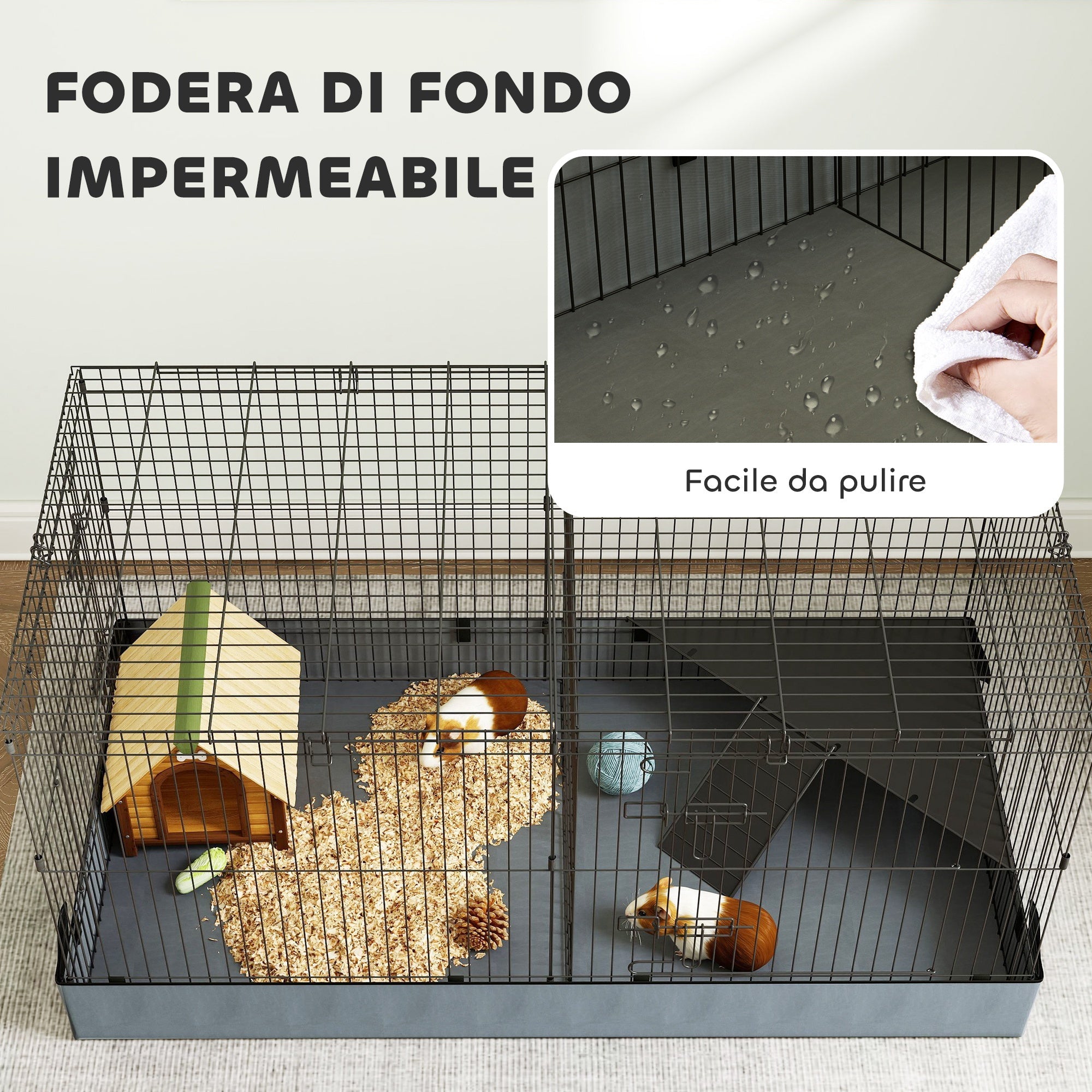 Gabbia per Animali Piccoli 2 in 1 121x61x61 cm con Coperchio Rimovibile e Sezioni Separate Nero
