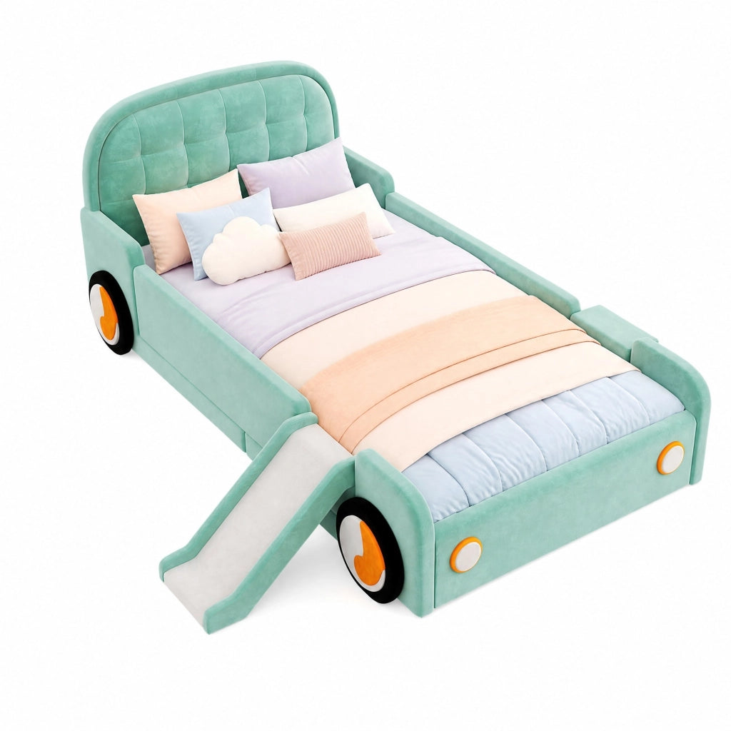 Letto per bambini a forma di auto con scivolo e scala, montaggio sinistro/destro, imbottito blu-verde, 90x200 cm