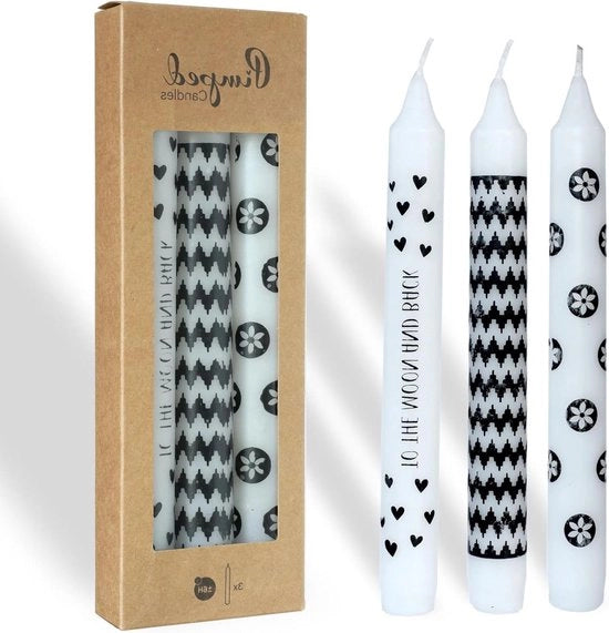 Set di 3 candele da tavola con frase e motivi, 20 cm di lunghezza, 7 ore di durata della fiamma - Candele da decorazione con testo in bianco e nero - Accessori per decorazione di casa.