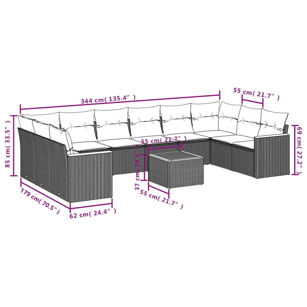 Set Divani da Giardino 11 pz con Cuscini in Polyrattan Nero 3258730