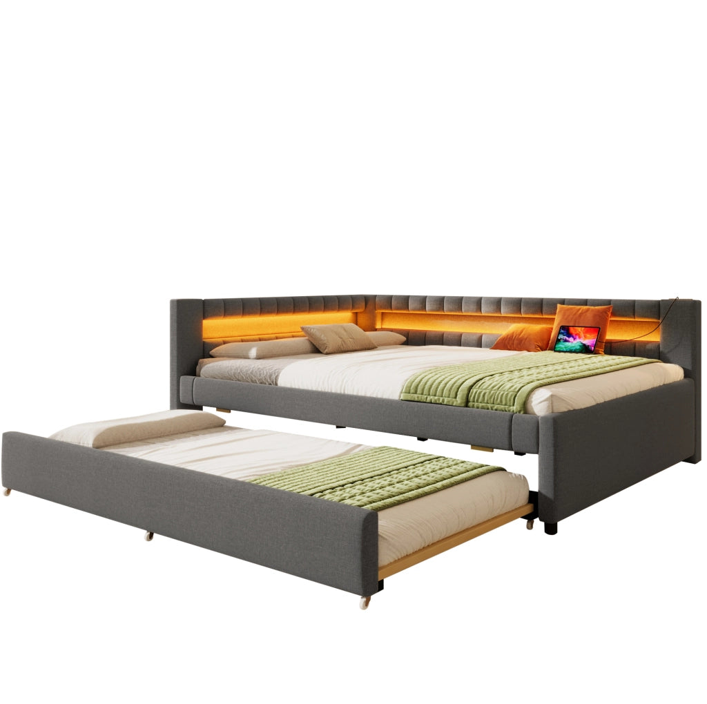 Letto 140x200 cm con letto estraibile e striscia LED in lino grigio