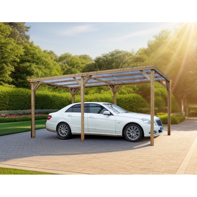 Pergola da giardino in legno termo-trattato 302x500 cm – carport tettoia auto con tetto PVC trasparente – pali 70x80 mm – TH3051S2 Foresta